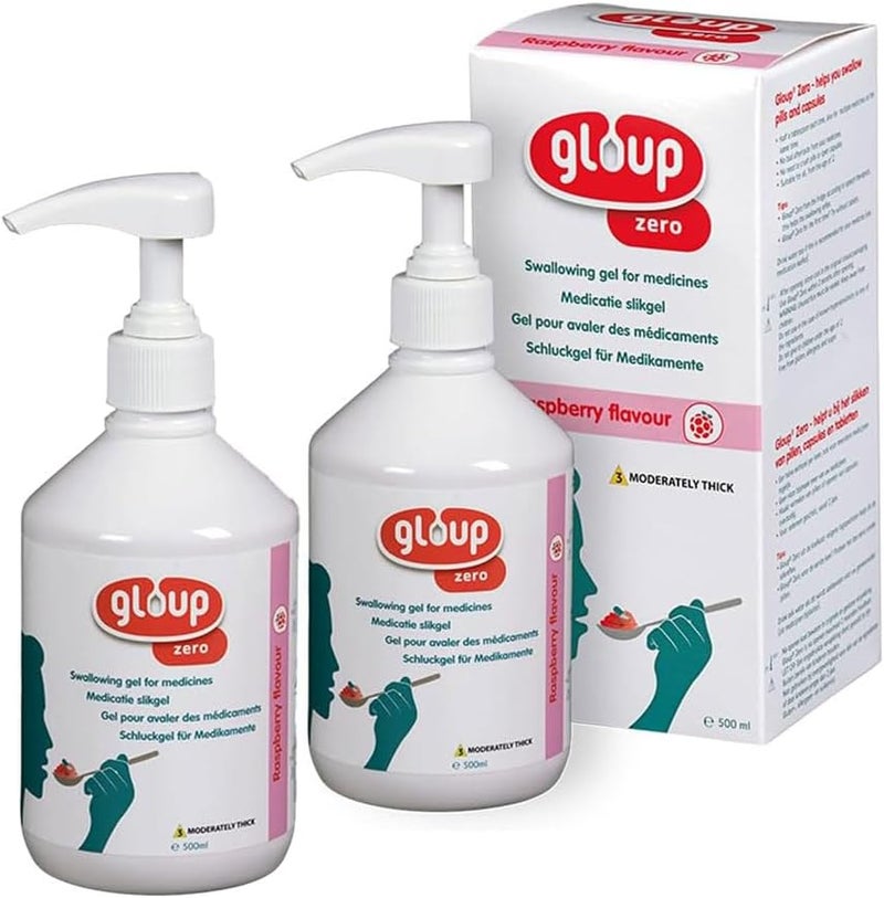 Gloup Pill Swallowing Gel Aid, PatCom Medical Medication Aid, Safe for Severe Dysphagia | IDDSI Level 3 | Easy Pump Dispensing (Zero - Raspberry) (Pack of 2)